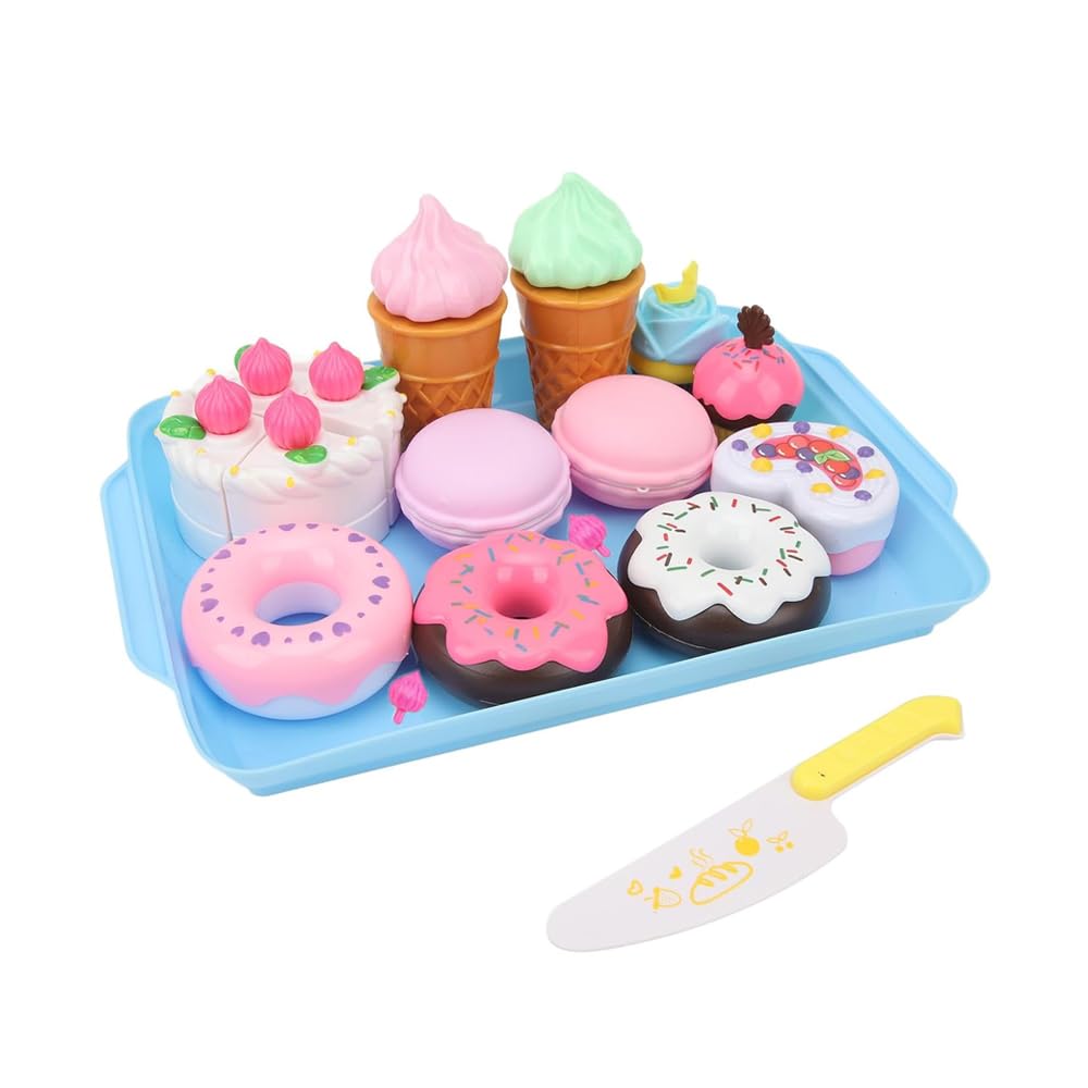 AMERTEER Pretend Play Food Set 15 PCS, Desserts Toy, Toddlers Play Food Ice Cream Cupcake Baking, Playing for Girls Boys Birthday Gift Set with Realistic Fake Donuts (Blue)