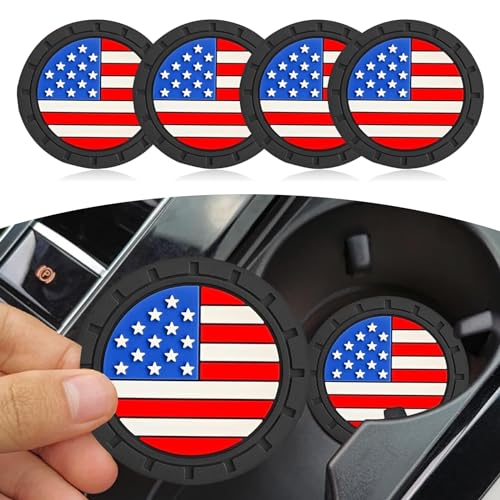 Slykew Pack-4 Car Cup Holder Coasters, 2.75 Inch Anti Slip Shockproof Embedded Drink Mat, American Flag Creative Decoration Coaster, Universal Car Interior Accessories (Multicolored)
