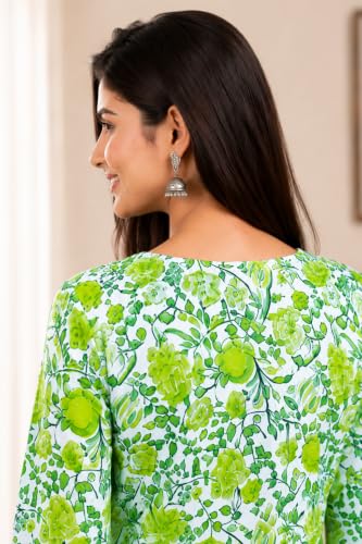 Image of Women's Cotton Floral Printed V-Neck A-Line Kurta /Regular Fit Kurti-3 /4 Sleeve