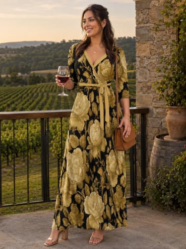 Image of SUZONANA Plus Size Dresses for Women Floral Print Maxi Dress Flowy 3 /4 Sleeve with Belt