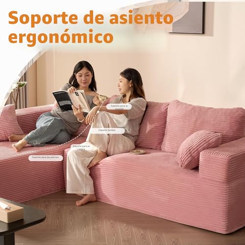Miniatura 4 de Litbird Sofá Esquinero Modular En L Con Función Cama Y Chaise Longue Derecha Tapizado En Pana, Asiento Profundo Sofá Cama Para Salón Sin Montaje Rosa, Chaise Longue Izquierda
