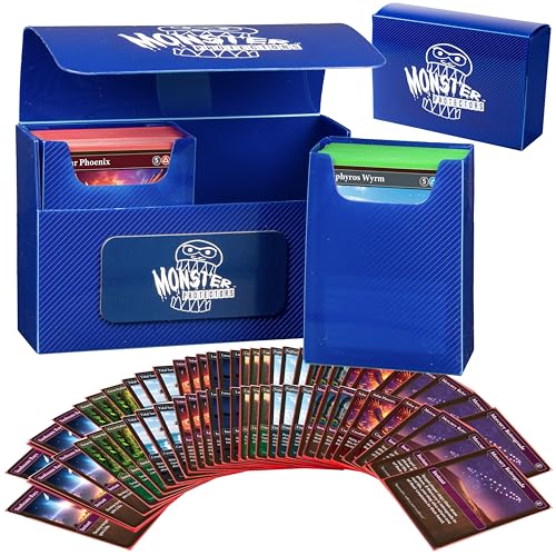Monster Protectors Magnetic Double Deck Box- Blue, Holds 150 TCG Cards, Self-Locking Closure- Compatible with Pokémon, MTG Magic: The Gathering, & Yu-Gi-Oh | Fits Standard & Small Size Trading Cards