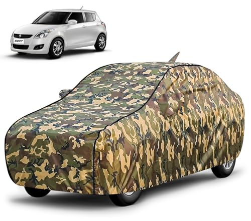 Image of FABTEC Waterproof Car Body Cover for Maruti Swift (2012-2017) with Mirror and Antenna Pocket, Triple Stitched (Military, Jungle Print, Camouflage Design)