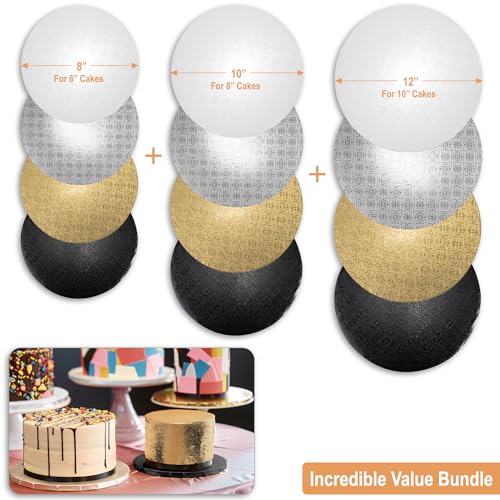 BOARDS+ 12 Pack Cake Drums in 3 Sizes (8, 10, 12 Inch) & in 4 Colors (White, Silver, Black, Gold) | 1/2\" Thick Cake Rounds | Free Prop Up Tools | Perfect For Heavy Cakes
