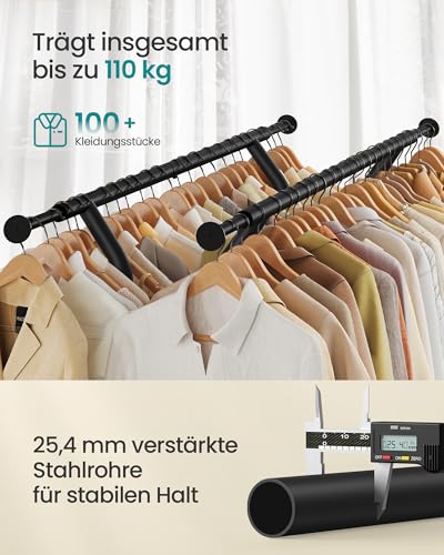SONGMICS Kleiderständer auf Rollen, Garderobenständer aus Metall, Garderobenstange, Kleiderstange ausziehbar, höhenverstellbar, tintenschwarz HSR012B01