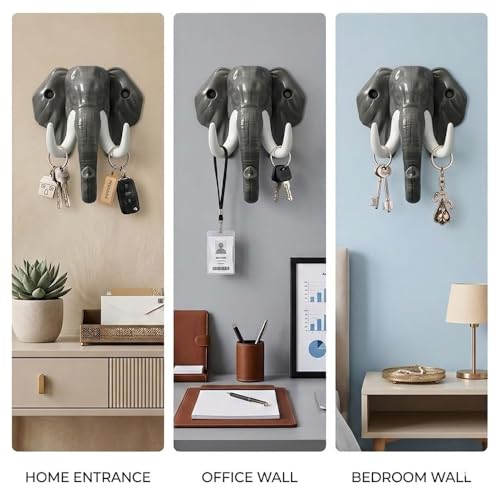 Image of Premium Key Holder for Wall | Decorative Elephant Shape Design | Stylish Key Stand & Key Chain Hanger | Wall Mounted Key Hooks for Home Decor & Office | Grey-White-| 3 Years Warranty |