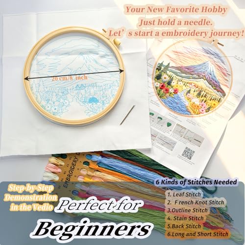 Image of FONNUY Embroidery Kit for Beginners, Flower Hill Nature Landscape Pre-Stamped Pattern Kits for Adults with Hoop, Easy to Follow Color Thread Needlework, 8'' Hoop (Purple Blue)