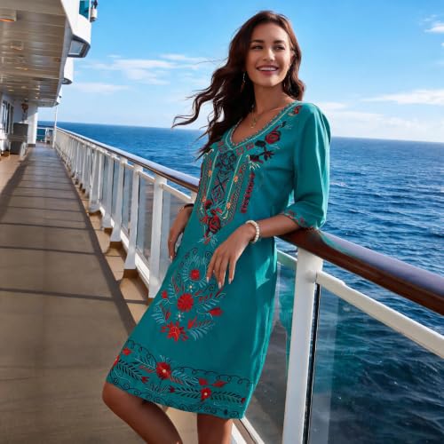 Image of Grosy Women's Embroidered Mexican Fiesta Dress Plus Size Traditional Floral Boho Dresses for Women Peasant Hippie Outfit