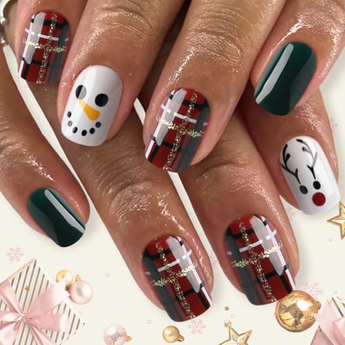Christmas Press on Nails Short Square Fake Nails with Designs