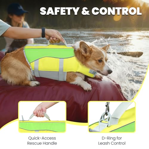 Image of VIVAGLORY Dog Life Vest Front Float Dog Swim Vest, XS, Yellow Grey | Life Jacket with Chin Float & Handle for Swimming & Boating, High Visibility Adjustable for Doggy Cat Puppy