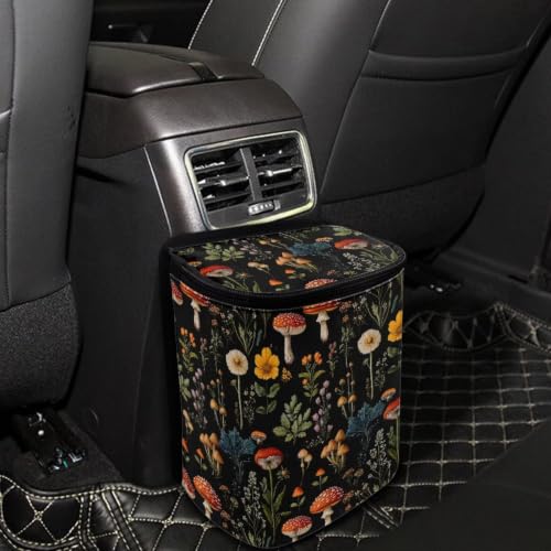Image of Mushroom Floral Print Car Trash Can with Lid Organizer Multipurpose Trash Bin Decoration for Women Universal for Cars,Sedans, SUVs & Trucks