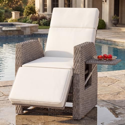 YITAHOME Outdoor Recliner Chair Wicker Recliner Chair w/150 Reclining Adjustable Footrest Flip Table Reclining Lounge Chair with 2.8 Thick Cushions for Deck Backyard Pool Side Beige