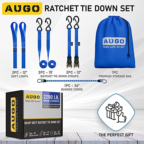 AUGO Ratchet Tie Down Straps -2 PK– 15 FT – 2,200 LB Break Strength – Safety Lock S Hooks –for Moving Cargo, Appliances, Lawn Equipment, Motorcycle – Includes 1 Bungee Cord, 2 Soft Loops, Storage Bag - Thumbnail 4