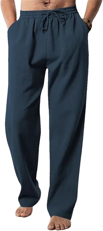 Dcvmvmn Men Fashion Cotton Soft Drawstring Straight Pants Elastic Waist Casual Trousers Breathable Solid Color Pant