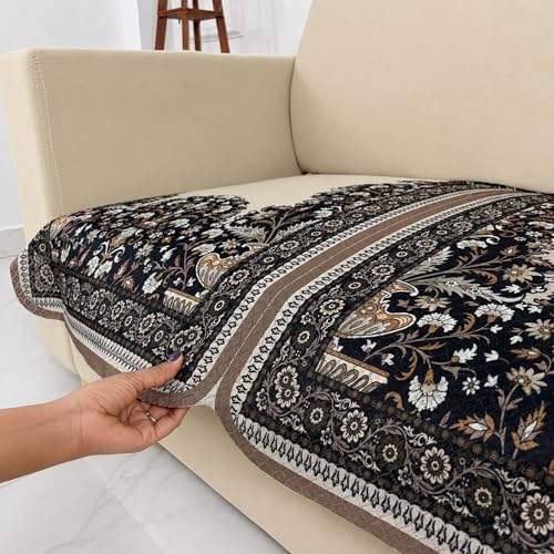 Image of Homerz Premium 'Maharaja Paradise Series' Sofa Cover | Net Fabric Sofa Cover | Washable, Anti-Dust Backed & Wrinkle Resistant Cover (Beige Empress, 2 Seater, Only Seat Cover)