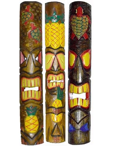 NEW HIBISCUS PALM 39 IN HAND CARVED BEAUTIFUL SET OF 3 POLYNESIAN TIKI GOD MASKS