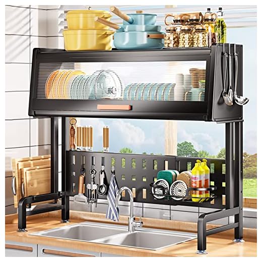 wercome Dish Drying Rack Over The Sink with Cover Above Sink Dish Rack Shlef Keep Kitchen Counter Organized Space-Saving Sink Rack for Drying Dishes, Glasses, Bowls, and Cutlery(Black)