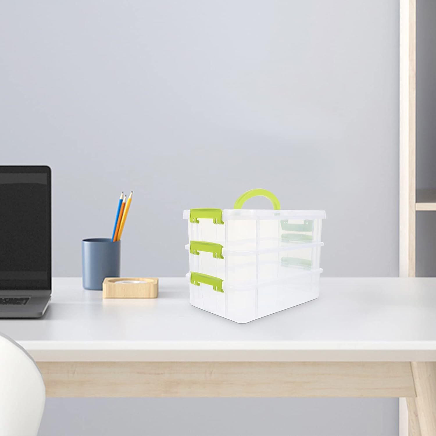 3-Tier Stackable Storage Container Box Handled Organizer Storage Box Stackable Carry Box with Removable Tray Transparent Storage Case Stack Carry Storage Box