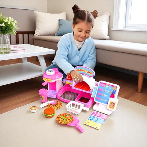 Image of Barbie Cafe Pizza Set for Kids by Genie's Toy Bus I Pretend Play Toy Set for I Electronic ATM Machine I Let's Play Cafe Pizza Set with Coffee Maker, Dining Table, etc I Toy for Age 3+