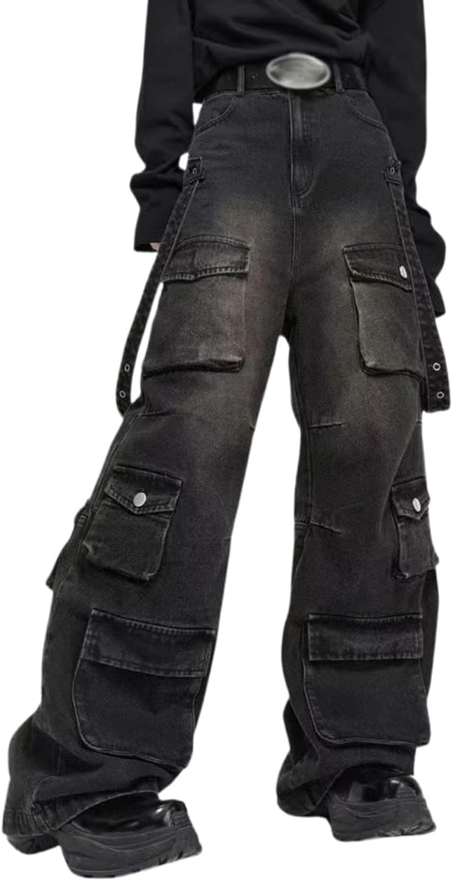 POHADON Baggy Cargo Pants for Women Loose Fit Straight Wide Leg Denim Jeans Pants Y2k Emo Clothes Hip Hop Streetwear