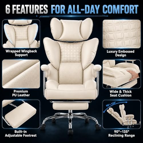 Image of Big and Tall Office Chair 350 LBS, Scratch-Resistant PU Leather Executive Office Desk Chair with Footrest, Ergonomic Reclining Computer Chair with Pocket Spring Support for Home Office, Beige