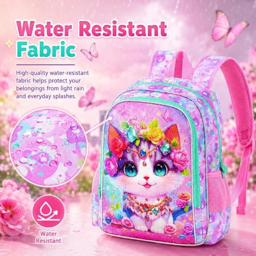 Image of 3Pcs Cat Backpack for Girls, 16 inch Kids School Backpacks with Lunch Box, Bookbag for Elementary Preschool Kindergarten(Pink)