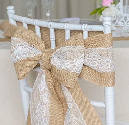 AKA® 100pcs 17X240cm Hessian Lace Sash Chair Cover Bow Natural Burlap Rustic Vintage Shabby Chic Wedding Party Favor (Jute with Lace, pack 100)