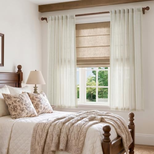 Image of jinchan Linen Curtains with Lace Trim Beige Curtains for Living Room 63 Inch Length Rod Pocket Rustic Farmhouse Curtains Semi Sheer Light Filtering Drapes Bedroom Window Curtain Set 2 Panels