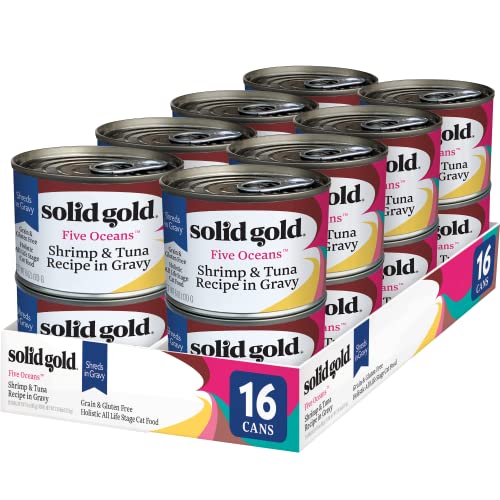 Image of Solid Gold Wet Cat Food Shreds in Gravy - Canned Cat Food Made w /Real Tuna & Shrimp - Five Oceans Grain Free 16ct /6oz Can