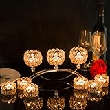 VINCIGANT Gold Crystal Candle Holders Decorative Candelabra 3 Arms with 6Pcs Tea Light Candle Holders for Wedding,Anniversary Center Pieces,Dinner Party Table Decor Candles Centro de mesa para boda