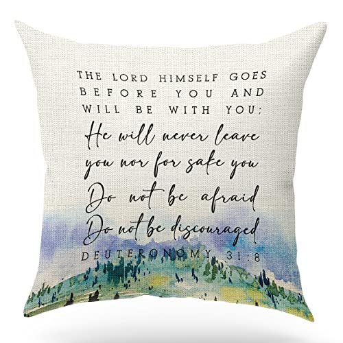 KongMoTree Housse de coussin avec verset de la Bible, cadeau de bénédiction, art des écritures, citations bibliques, Deutéronome 31:8, cadeaux d'église, décoration de canapé, lit, salon, porche, 45,7
