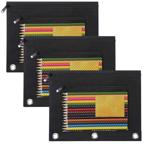 CRASPIRE 3Pcs Zippered Pencil Pouches for 3 Ring Binder Black Pen Case Cloth Zipper Pencil Pouch Case for Binder Zipper Pencil Bag for School Office Supplies Writing Utensils