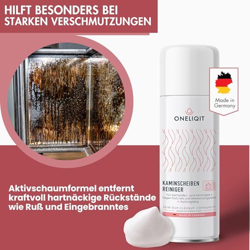 Foto von ONELIQIT® Kaminglasreiniger extra stark 300ml, Kaminscheibenreiniger mit Hochleistungs Aktivschaum Rezeptur für die effektive Beseitigung von hartnäckigen Verbrennungsrückständen