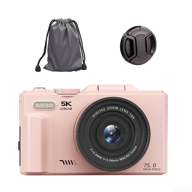 Appareil photo numérique HD 5K avec capteur 75 Mpx, zoom numérique 18x, autofocus de 7,6 cm, corps en métal, connectivité WiFi pour voyage, vlogging et réseaux sociaux, noir (rose, 32 Go)
