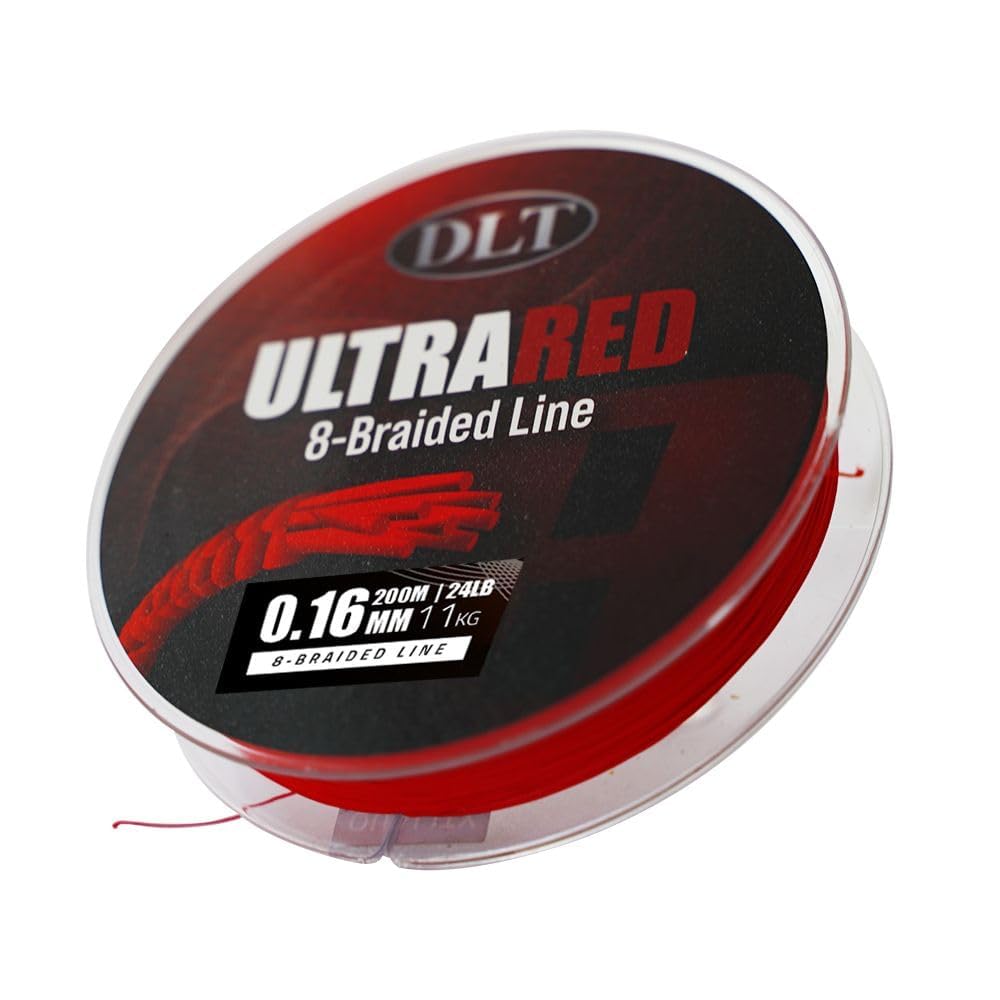 DLT UltraRed-8 Geflochtene Angelschnur 200m - Glatt, Glatt & Dehnbar - Verbesserte Wurfeigenschaften und Unterwasserwirkung - Mikrobeschichtung für Wasserabweisung - Aus 8 Strängen Linie Geflochten