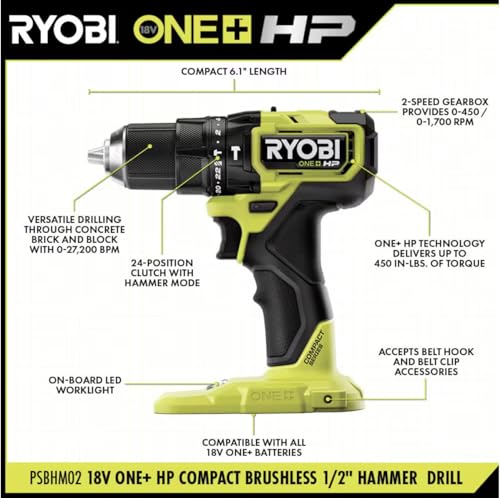RYOBI ONEAND HP 18V BRUSHLESS Cordless Compact 1/2 in. Hammer Drill/Driver Tool ONLY PSBH thumbnail 2