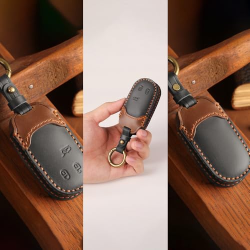 Image of keyzone dual leather key cover compatible for Jeep Compass, Compass Trailhawk smart key (BlackBrown)