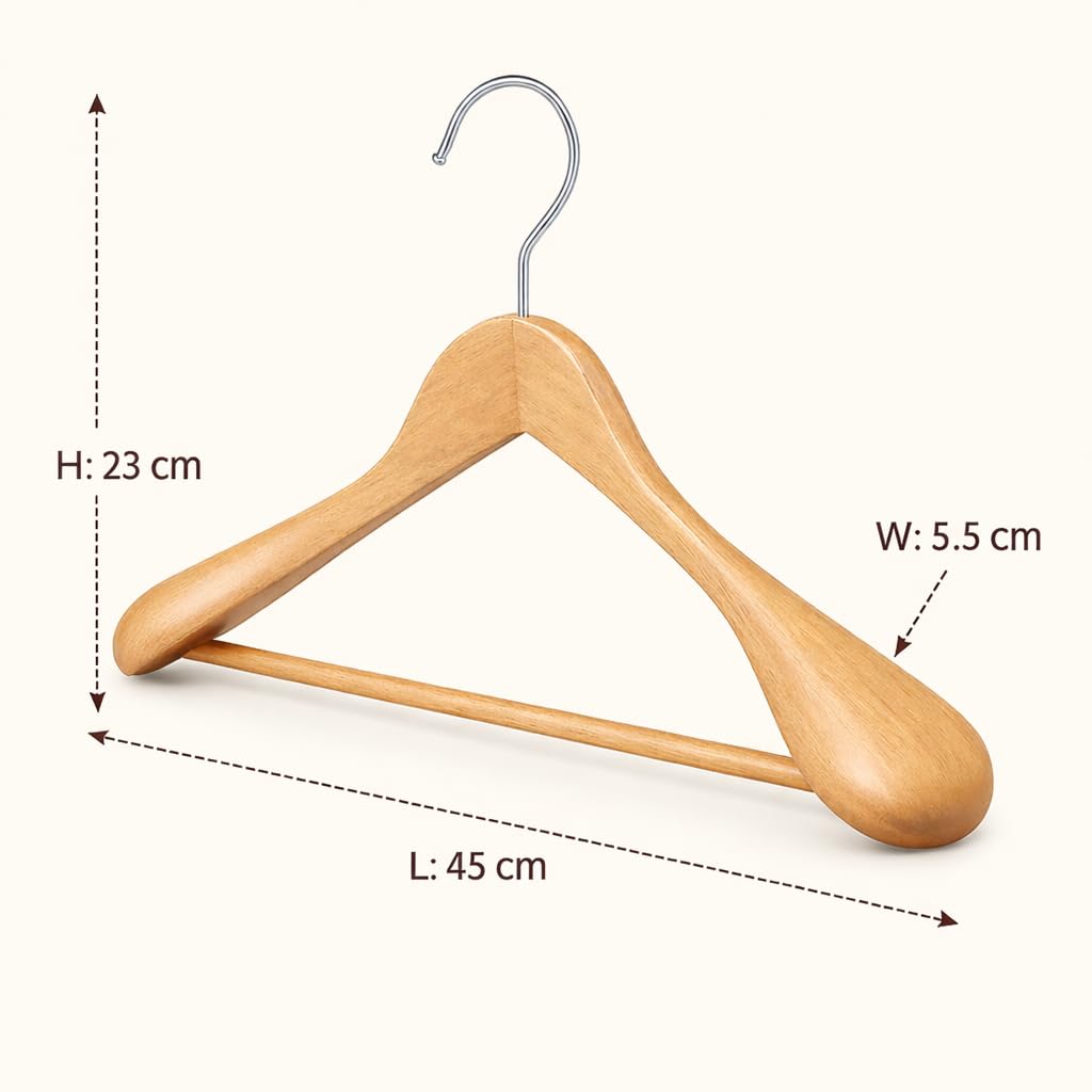 MELA'S Wooden Wide Clothes Hanger, Natural Wood, Pack of 12, Non-Slip, for Stable Jacket, Suit, Shirts, Extra Wide Shoulders, Trouser Bars, 45 x 23 x 5.5(Natural)