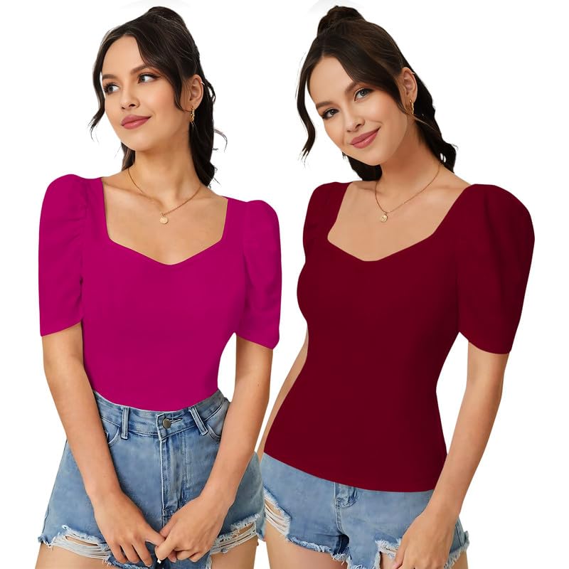 Dream Beauty Fashion Women’s Sweet Heart Neck Balloon/Puff Bishop Sleeve Elegant Casual Tee Top – Pack of 2 (Combo-Mantos -P) Dream Beauty Fashion Women’s Sweet Heart Neck Balloon/Puff Bishop Sleeve Elegant Casual Tee Top – Pack of 2 (Combo-Mantos -P)