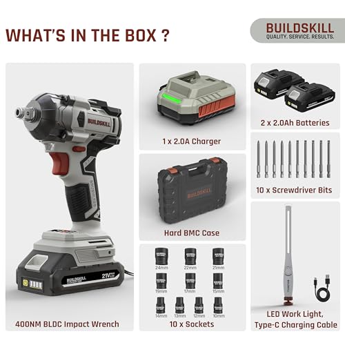 Image of BUILDSKILL 21V - 1 /2 inch 400NM BLDC Cordless Impact Wrench Set | 2 x 2.0Ah Battery | 10 Pcs Socket + 10 Pcs Screwdriver Bit | LED Light | 3400-4500 RPM | 2800-3200 Impact Rate | 2.0A Fast Charger