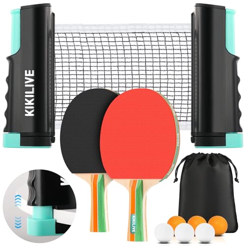 KIKILIVE Set de Tennis de Table Portable avec Filet Extensible, 2 Raquettes, 6 Balles et Sac de Transport - Idéal en Intérieur/Extérieur pour Famille,...
