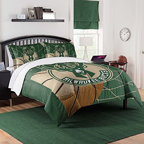 NORTHWEST NBA Milwaukee Bucks Officially Licensed Comforter Set – Super Soft Basketball Bedding with Team Logo and Colors – Includes Matching Shams – Game Day Décor, Full/Queen