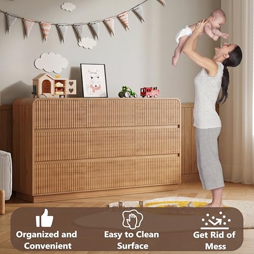 Image of BORNOON Dresser for Bedroom with 9 Drawers, Fluted Chest of Drawers with Round Curved Corner, Hidden Handles, Modern Wood Storage Organizer for Bedroom, Nursery, Living Room