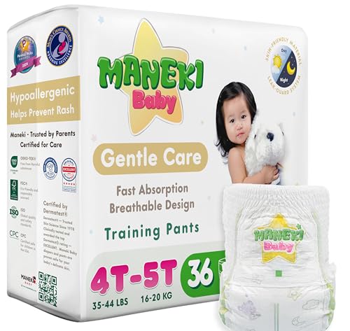 Image of Maneki Baby Hypoallergenic Potty Training Pants 4T-5T, 36 Count (35-44 lbs), Pull-On Diaper Pants & Training Underwear, Soft, Unscented & High Absorbency for Overnight & Daily Use (Pack May Vary)