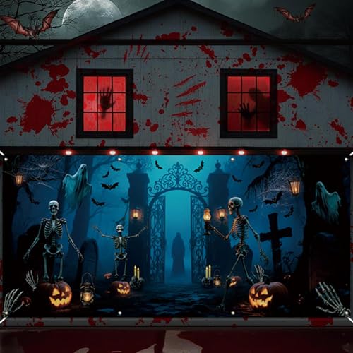 Bannière Halloween pour porte de garage 4x1,8m panneau décor cimetière pour extérieur maison - 7