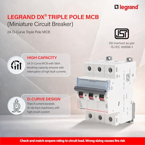 Image of Legrand DX 2A Triple Pole MCB D Curve 10kA | 3-Phase High Inrush Miniature Circuit Breaker | ISI Marked IS /IEC 60898-1 | Short Circuit Protection for Residence, Shop, Office, Industry Use