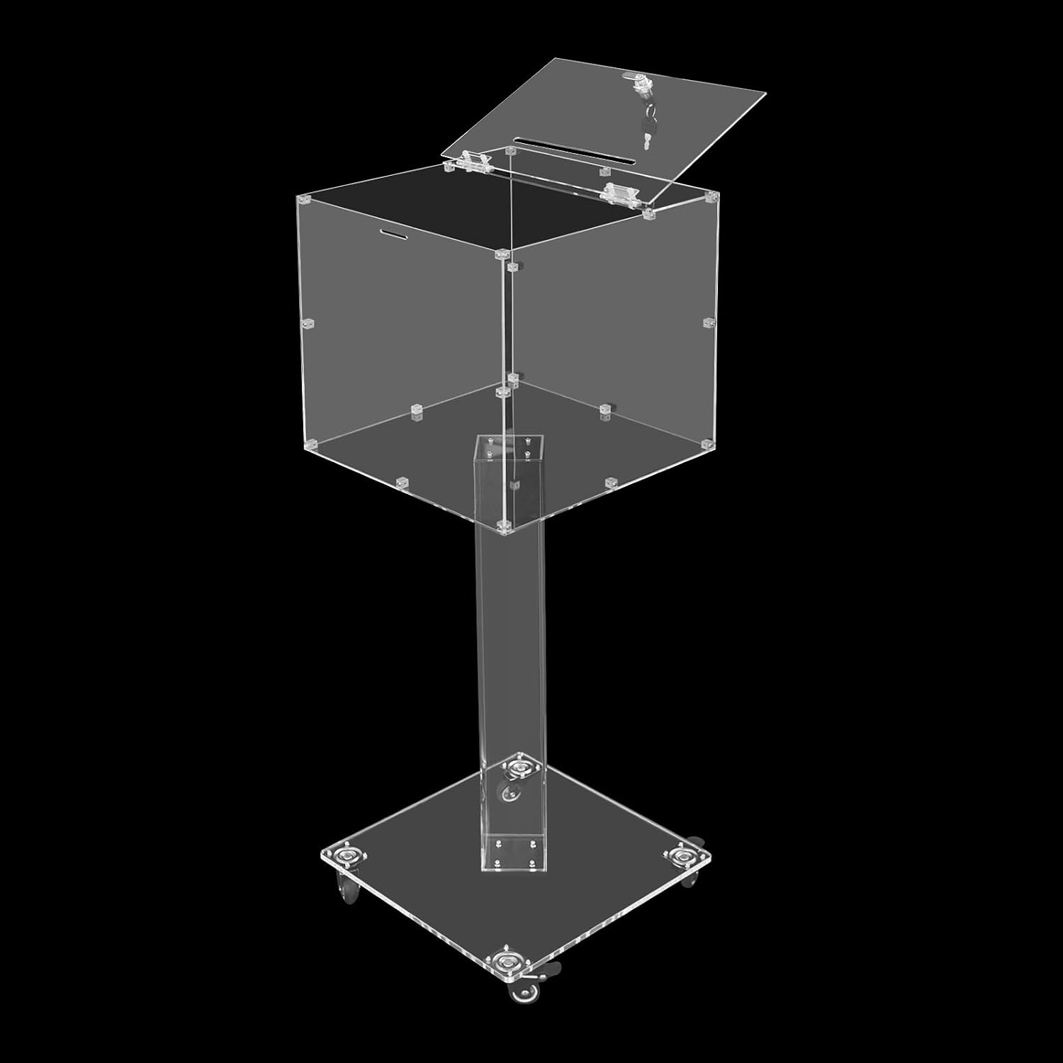 Suggestion Box with Stand, 14" X 14" Acrylic Offering Box with Lock & Key, Wheels, Locking Ballot Collection Safe Boxes with Bar Shaped Hole for Voting Contest Charity Donation (Clear)