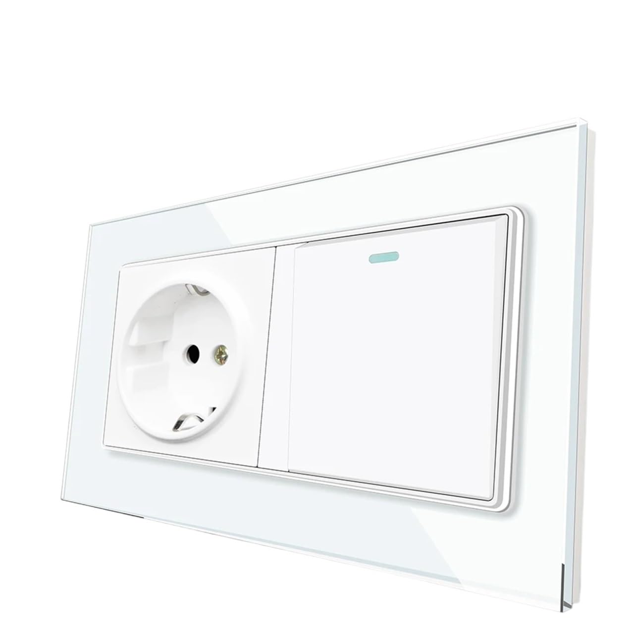 16A Wall Light Switch,1 Gang 2Way / 1Way Push Button on-Off, White Tempered Crystal Glass Panel, EU Standard Power Socket(White)