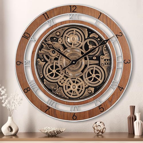 Lafocuse Real Moving Gears Wall Clock Brown Vintage, 21 Inch Steampunk Gear Clocks with Arabic and Roman Numerals, Wooden Farmhouse Industrial Large Wall Clock for Living Room Decor Kitchen Home