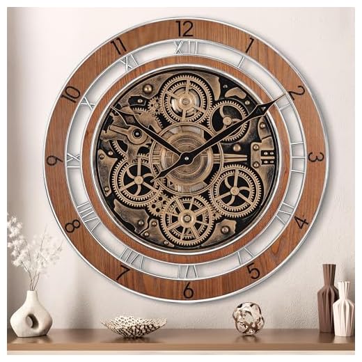 Lafocuse Real Moving Gears Wall Clock Brown Vintage, 21 Inch Steampunk Gear Clocks with Arabic and Roman Numerals, Wooden Farmhouse Industrial Large Wall Clock for Living Room Decor Kitchen Home